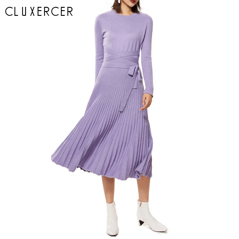 

Elegant purple With Belt Knitted Dress 2018 Women Slim Casual Autumn Winter Long Sleeve High Waist Red Sweater Dresses Jurkjes