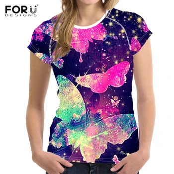 

FORUDESIGNS Woman Summer O Neck T Shirt Multicolor Galaxy Pretty Butterfly Print Female Short Sleeve Tee Harajuku O-neck Tshirt
