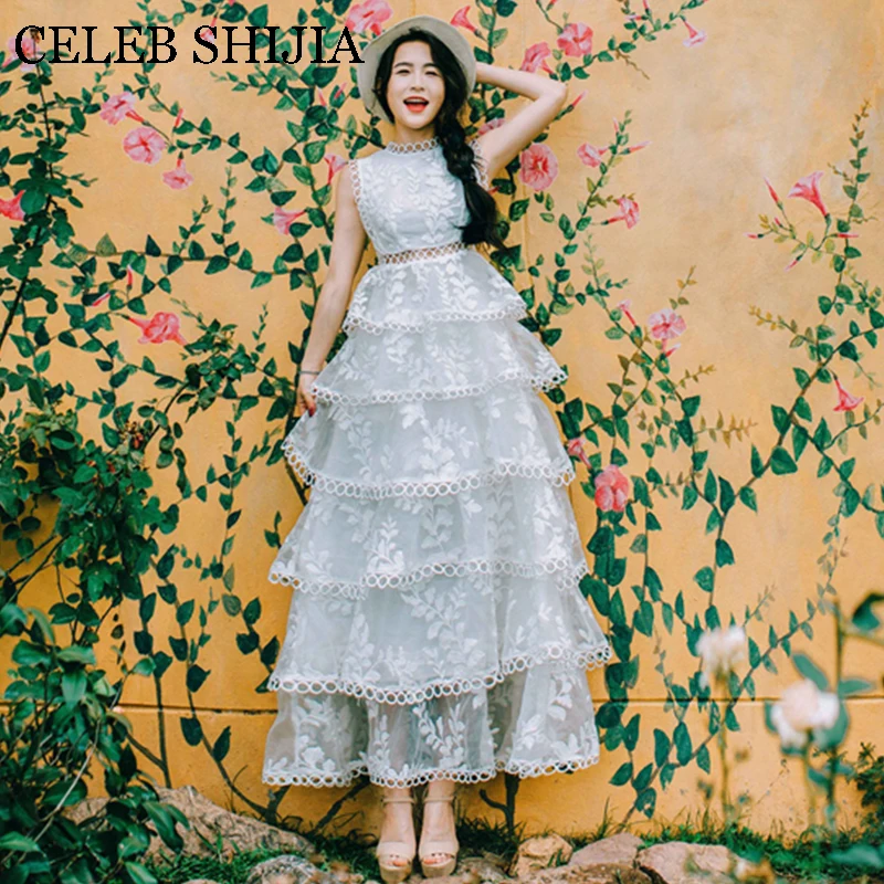

New Summer Woman white dress lace mesh embroidery sleeveless elegant cake maxi dresses ladies spring Long vestidos blancos