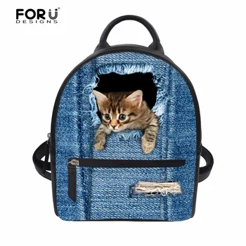 

FORUDESIGNS Denim Animal Cat Dog Cute Women Backpack Small Fashion PU Leather Bagpack Bags for Ladies School Girls Shoulder Bags
