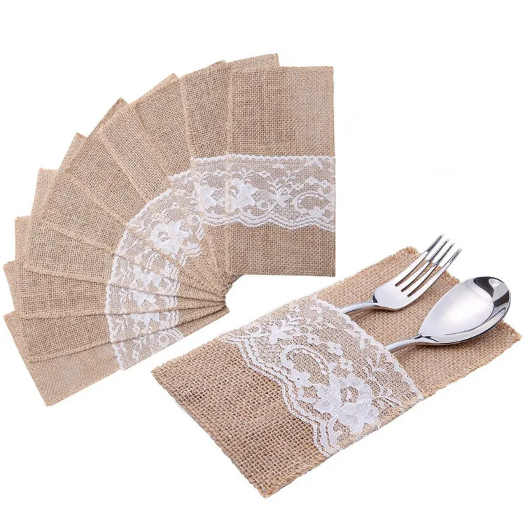 Rustic Wedding Decor Natural Burlap Lace Kitchen Dining Forks Cutlery Holder