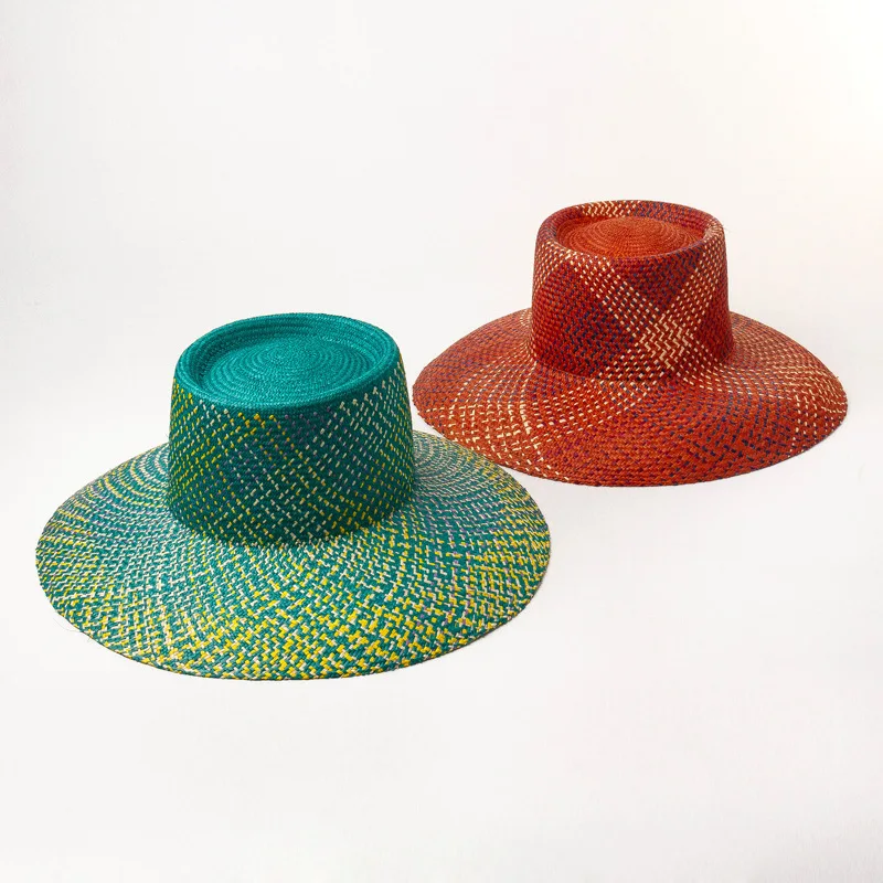 

01904-HH7342 COLOR patchwork handmade straw weaving fedoras hat Outdoor men women holiday panama jazz cap