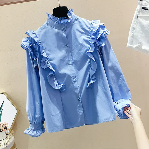 Дизайнерская Свободная белая рубашка с длинным рукавом и высоким воротником, блузки с ушками, женская новая весенняя рубашка - Цвет: blue