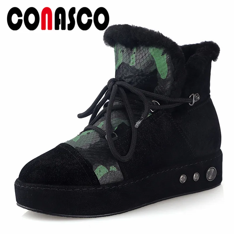 

CONASCO Fashion Women Ankle Boots Autumn Winter Warm Cow Suede Snow Boots Cross-tied Metal Decoration Casual Quality Shoes Woman