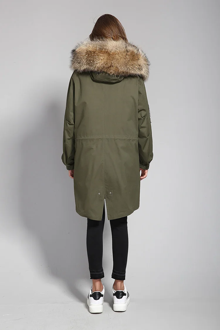 Горячая Распродажа, новая зимняя куртка, свободная одежда, большое пальто с капюшоном из натурального енота, женские парки, армейский зеленый, съемная верхняя одежда, Miegofce