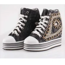 Новая платформа клин удобные дышащие женщин высокий верх узелок denim повседневная обувь старинные панк заклепки холст летние сапоги