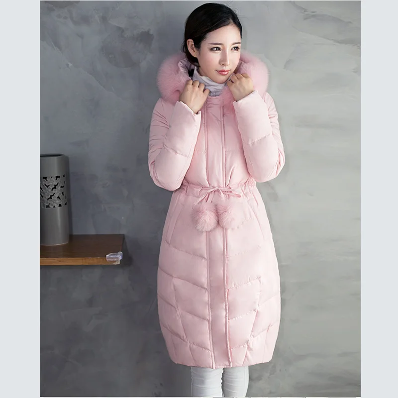 Пуховик женский зимний длинный с регулируемой талией и воротником из лисьего