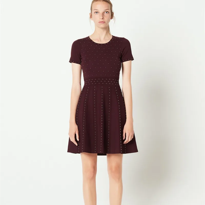 robe sexy Women Sweater Dress 2019 Elegant Short Sleeve Rivets Beaded Tunic Knitted Wine Red Female vestido de festa | Женская одежда