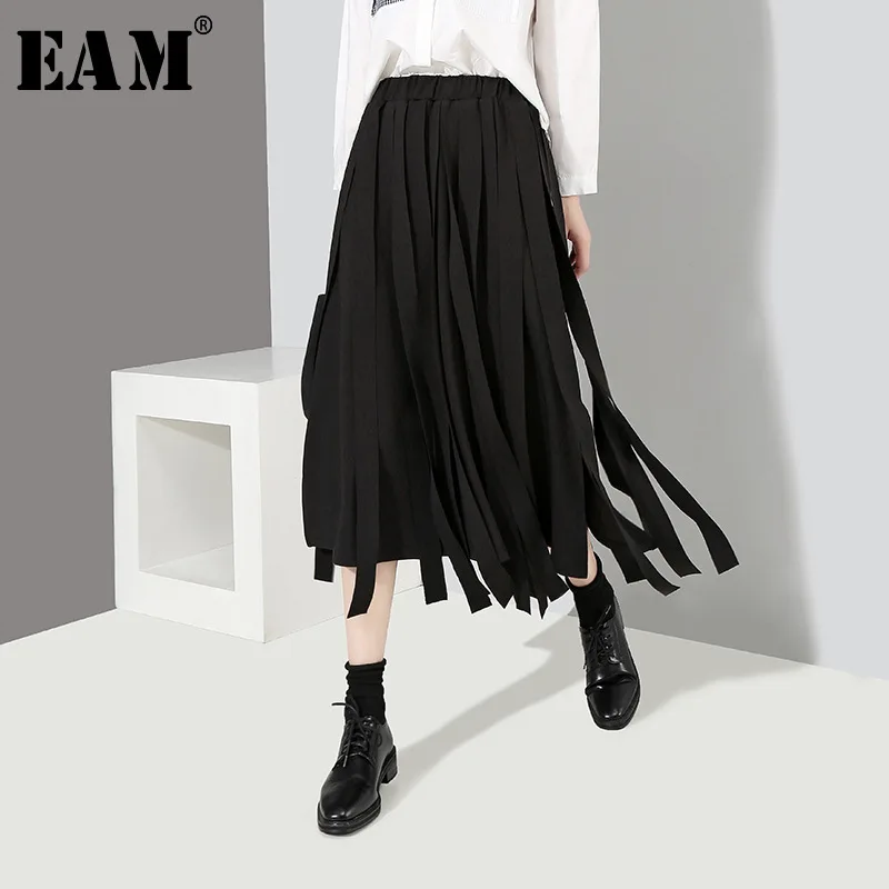 [EAM] 2019 новые весенние высокие Эластичный Талия Черный Свободные Большие размеры лента сшитая свободная полуюбка Женская мода JH370