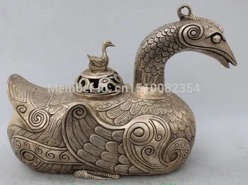 

10" Marked Chinese Silver Duck Statue Incense Burner Censer phoenix Sculpture