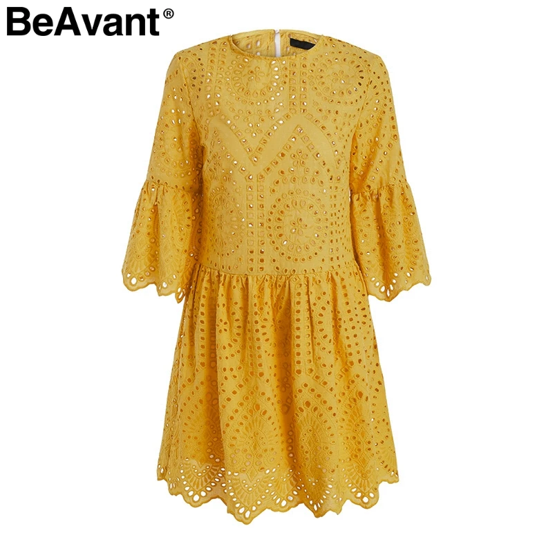 BeAvant открытое кружевное платье с вышивкой женское повседневное белое платье с оборками на рукавах летнее пляжное хлопковое короткое платье vestidos - Цвет: Цвет: желтый