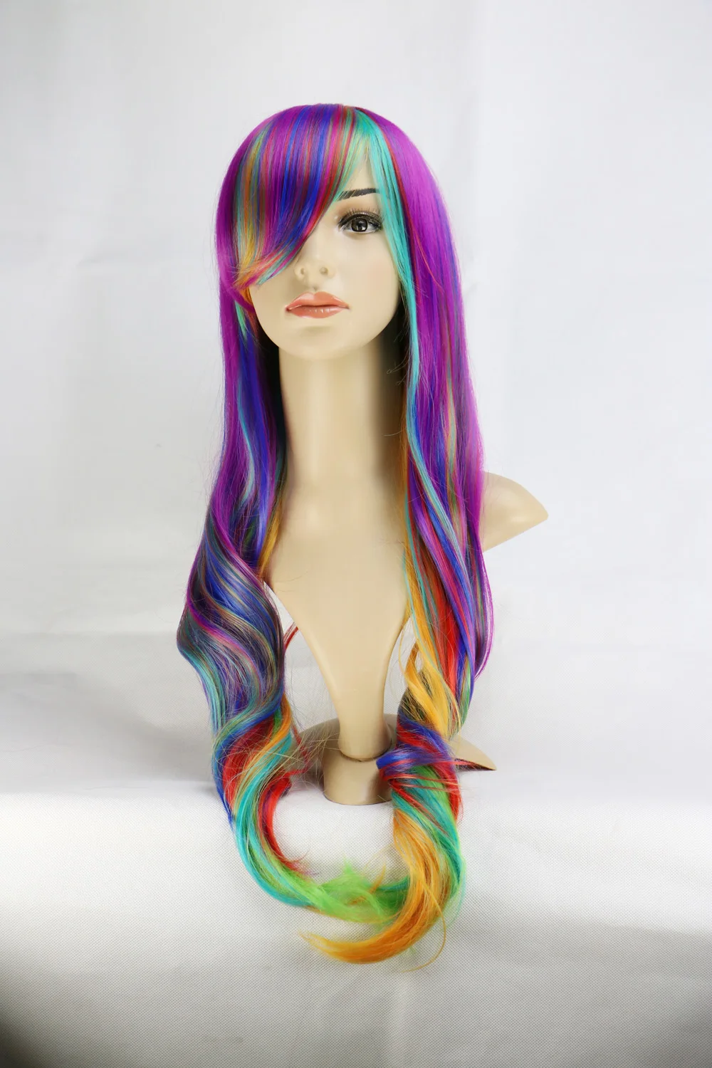 Long Curly Wavy Anime Rainbow Wig Cosplay Party Cos Wig Costume Party