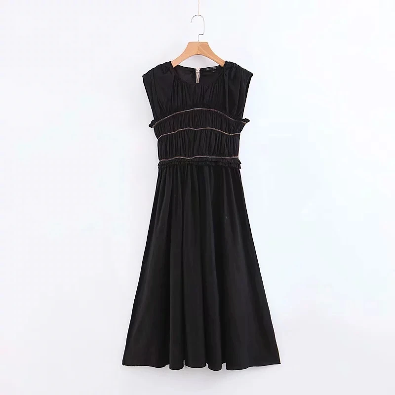 

Dress Women's Casual Slim Solid Summer A-Line Sleeveless Splice O-Neck Dress Fashion Beach Ankle-Length Dresses with Tape