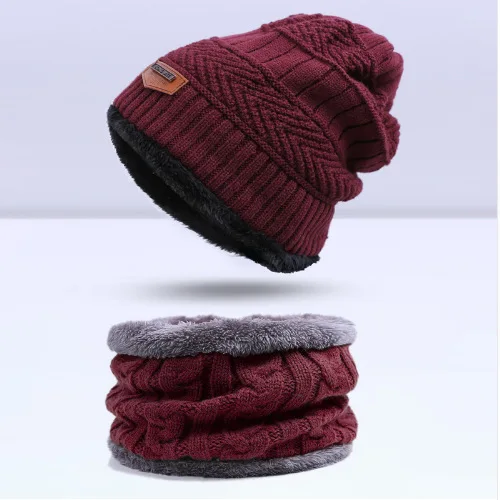 Dark red1 Зимняя вязаная шапка, шарф, набор, Мужская однотонная теплая шапка, шарфы, мужские зимние уличные аксессуары, шапки, шарф, 2 штуки - Цвет: Dark red1