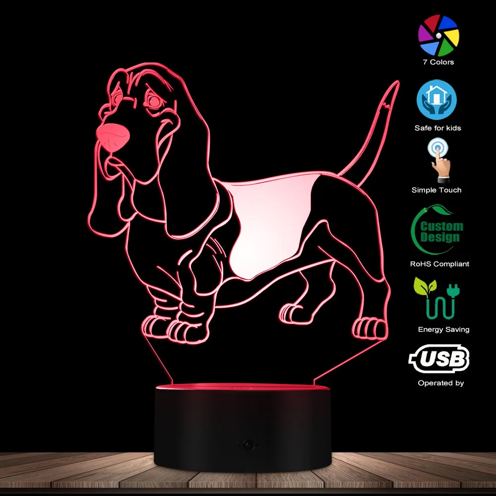 Бассет-Хаунд Настроение Освещение 3D Оптическая иллюзия Свет USB современный ночник собака животных светящийся светодиодный осветительный