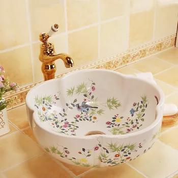 

Flower and bird Europe Ceramic Art Basin Sink Counter Top Wash Basin Bathroom Vessel Sinks Vanities bathroom wash basin white