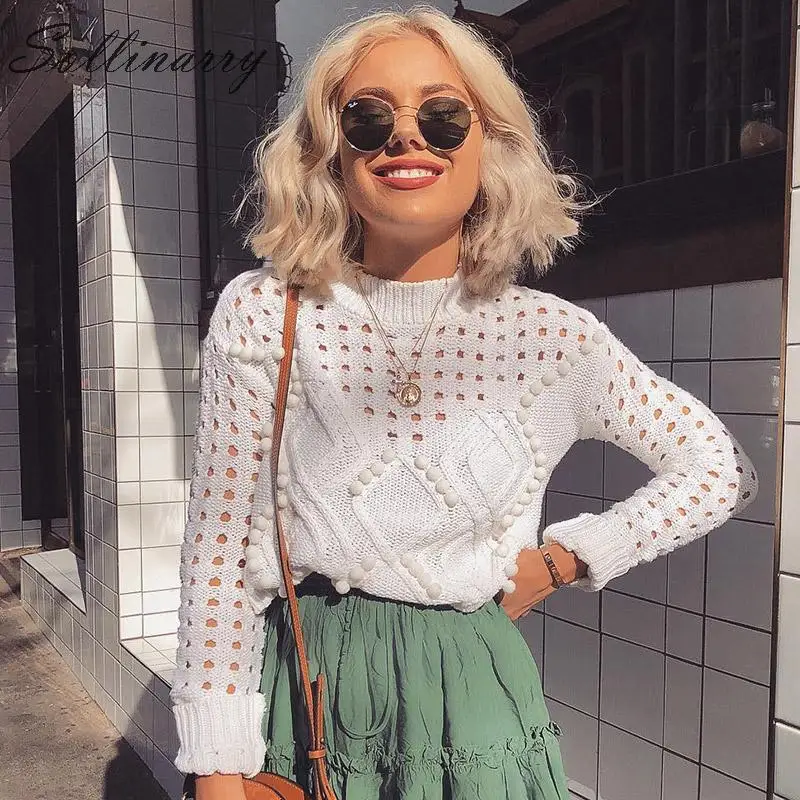 

Sollinarry Long Sleeve Chic Autumn Sweaters Women 2019 Hollow out Half High Collar Casual Jumpers Women High Street Fashion Tops