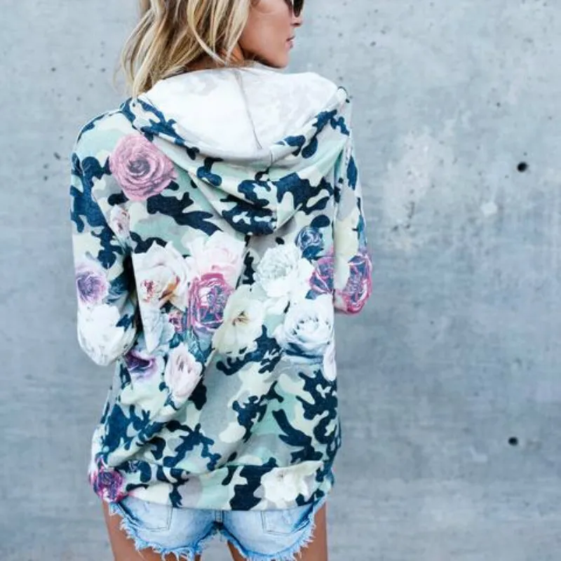 Женский Повседневное Zip-up Hoodie Новая осень Для женщин толстовки на молнии с длинными рукавами с цветочным принтом теплые