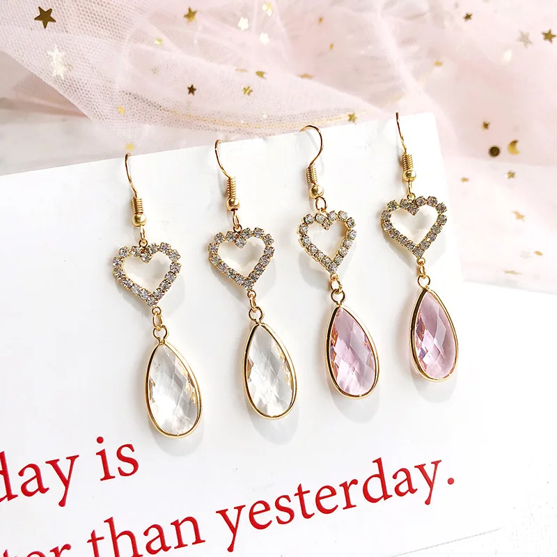 

Korean version of the long paragraph inlaid transparent pink zircon drop-shaped pendant woman earrings crystal earrings