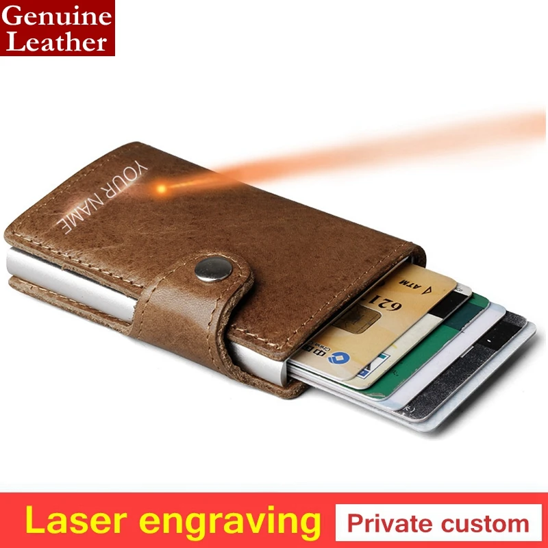 

Laser engraving 100% Genuine Leather Aluminum Wallet Pocket ID Card holder RFID Blocking Mini Wallet Automatic Credit Card purse