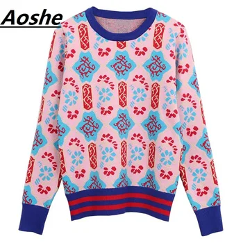 

Aoshe 2018 New Spring Sweater for Women Luxury Gold Thread Embroidery Vintage Pullovers Jumper blusas de inverno feminina