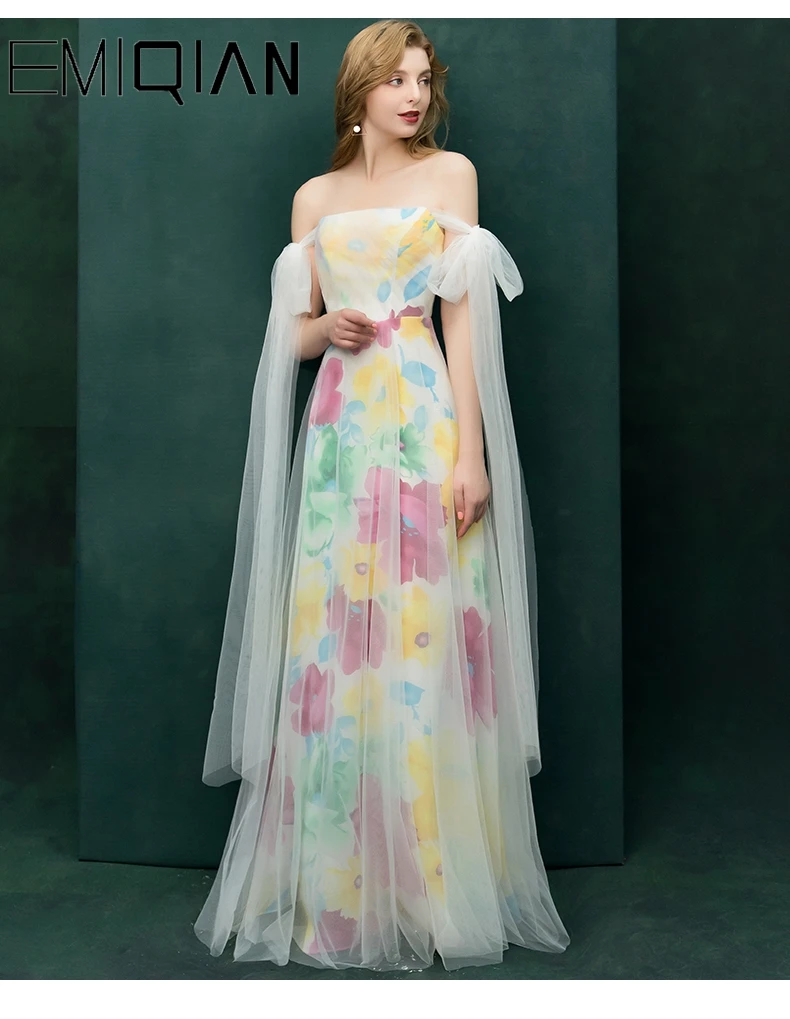

New Arrival a line long evening dress off the shoulder party formal dress Print evening dresses