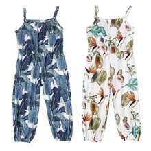 Летний детский комбинезон для девочек, хлопковые эластичные штаны на подтяжках без рукавов с принтом, комбинезон, брюки