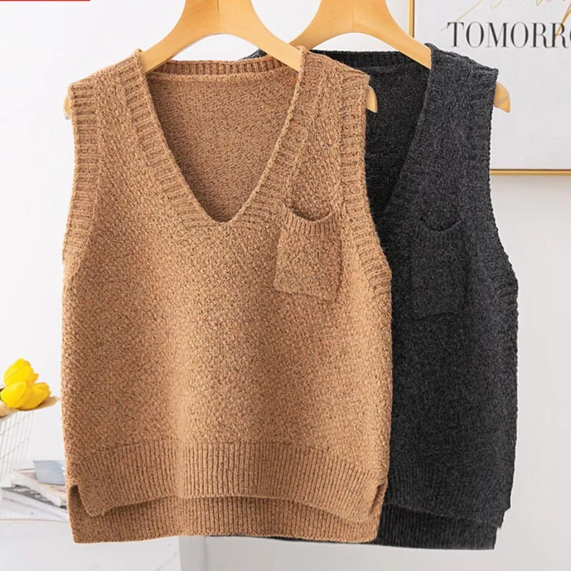 

#1203 Spring Knitted Vest Women Sleeveless Sweater Vest Ladies With Pockets V Neck Pullover Female Harajuku Casual Veste Femme