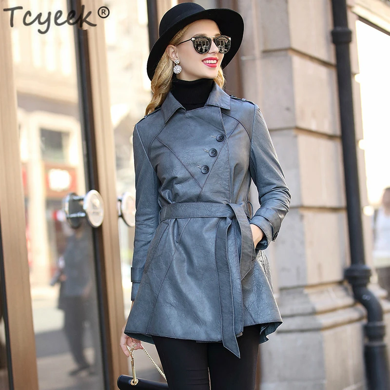 Montone En Vêtements De Peau Véritable Cuir blue 2019 Black Réel Tcyeek Lwl1464 Luxe khaki Veste Printemps Cowboy Mouton Automne Red wine Femmes Femelle Ceinture Manteaux 5atfY