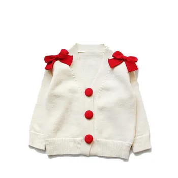 

Bowknot Baby Girl Sweater Solid Color Sweet Princess Cardigan Button Closure Infant Kids Cotton Knitted Long-Sleeved V-Neck Coat