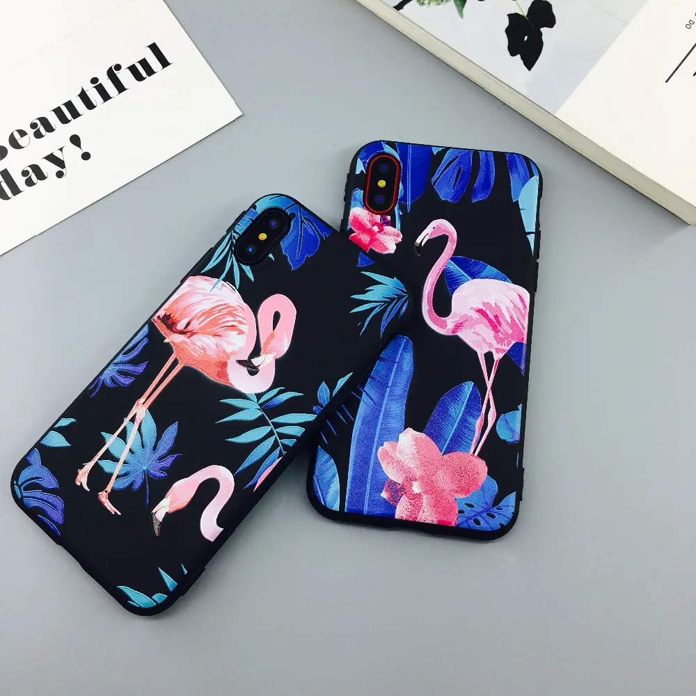 

Colorful Flamingo Painted Phone Case For iphone 6 7 8 S PLus X Cases Cartoon Plants Green Leaf Back Cover Fashion Soft IMD Cases