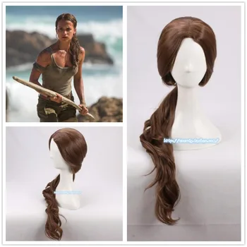 

Anime Movie Tomb Raider Lara Women 70cm curly brown synthetic hair Alicia Vikander role play costumes halloween wig + wig cap