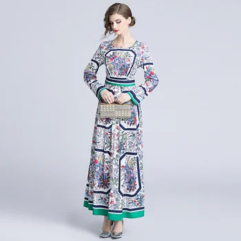 

Newest Women Runway Designer Maxi Big Swing Dresses Autumn Printing Flower Long Sleeve Long Dress Location Casual O Neck Dress