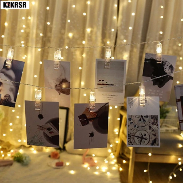 KZKRSR Garland Card Photo Clip String Light Led Fairy Lights Wedding Xmas Bedroom DIY Clothespin Shape Battery Christmas Lamps
