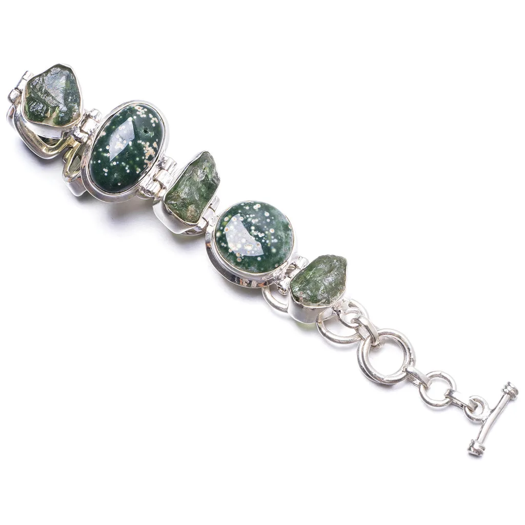 

Natural Ocean Jasper and Peridot Handmade Unique 925 Sterling Silver Bracelet 5 1/4-7 1/2" Y2004