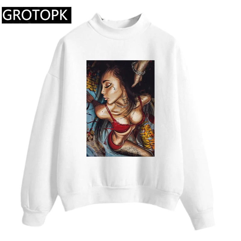 

New Pink&white Color Black Girl Grunge Hoody Ladies Dark Portrait Prints Harajuku Aesthetic Gothic Hip Hop Women's Sweatshirt