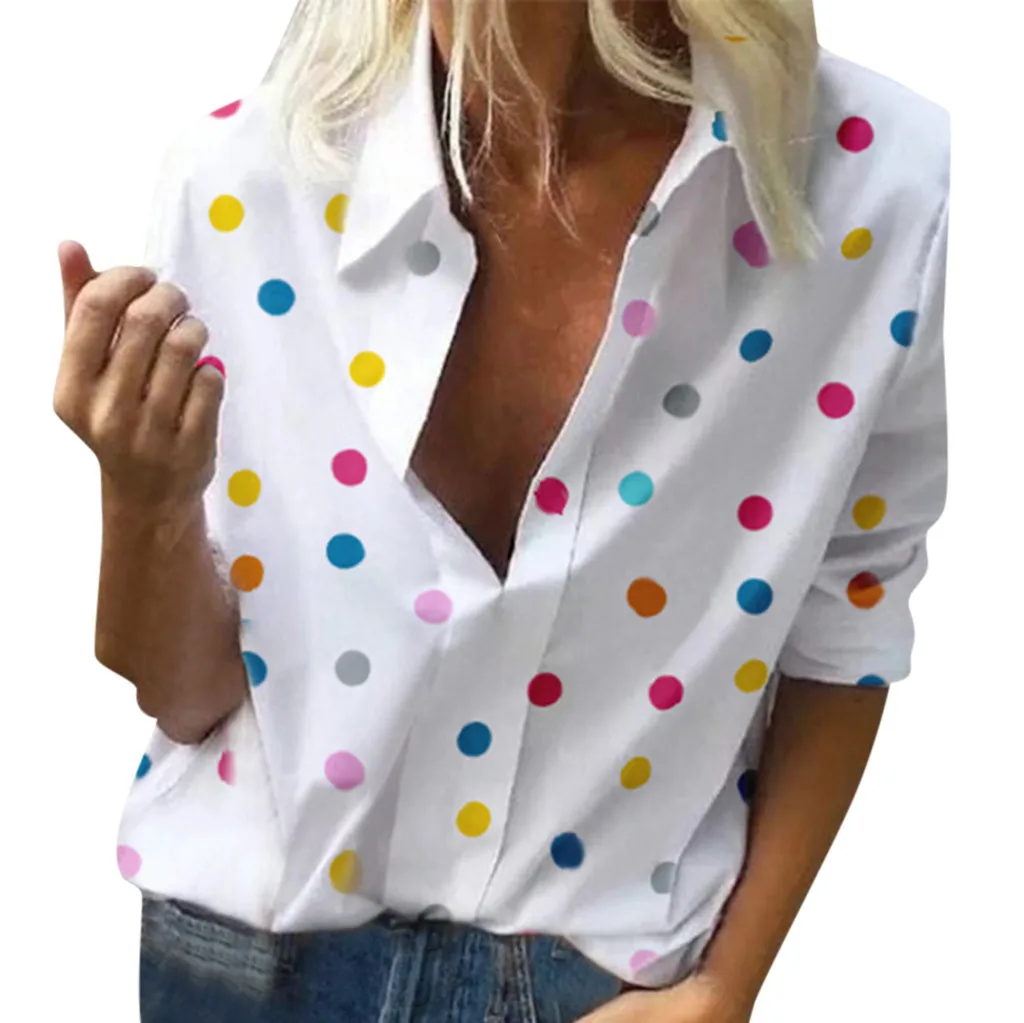 

Feitong Blouses Women Fashion Casual Long Sleeved Loose Dot Print Deep V Neck Summer Shirts Chemisier Femme Ladies Blouses