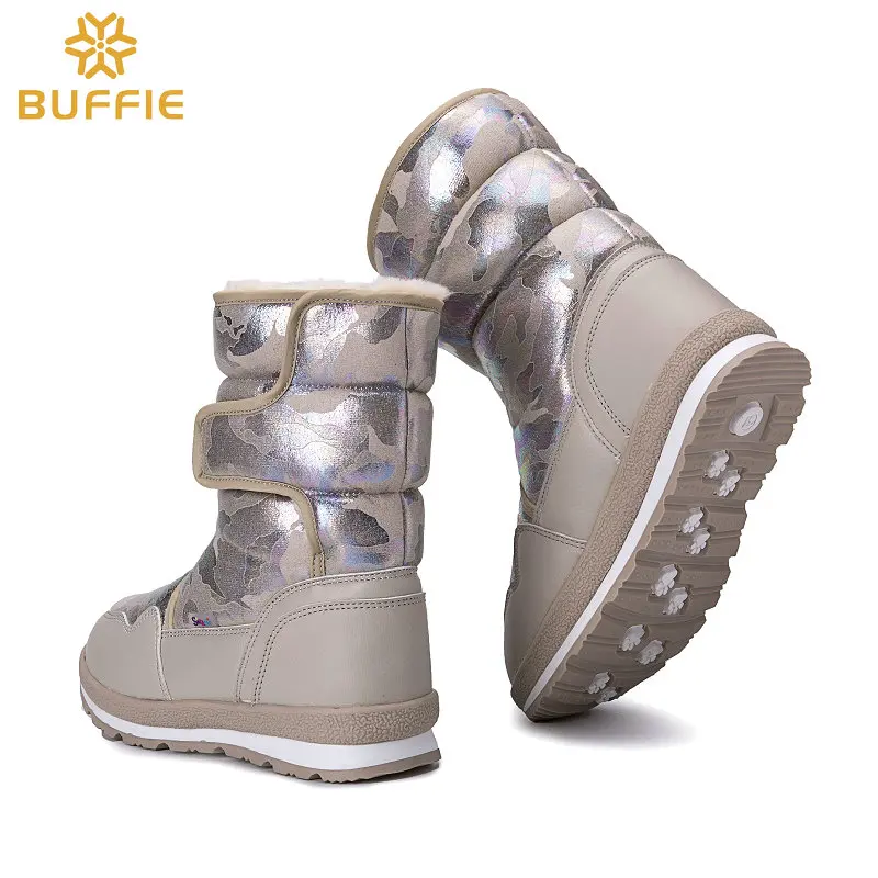 Cena Buty damskie klasyczne zimowe ciepłe futrzane buty piaskowe beżowe buty do połowy łydki klamra łatwa wodoodporna górna gruba pluszowa wkładka dobra