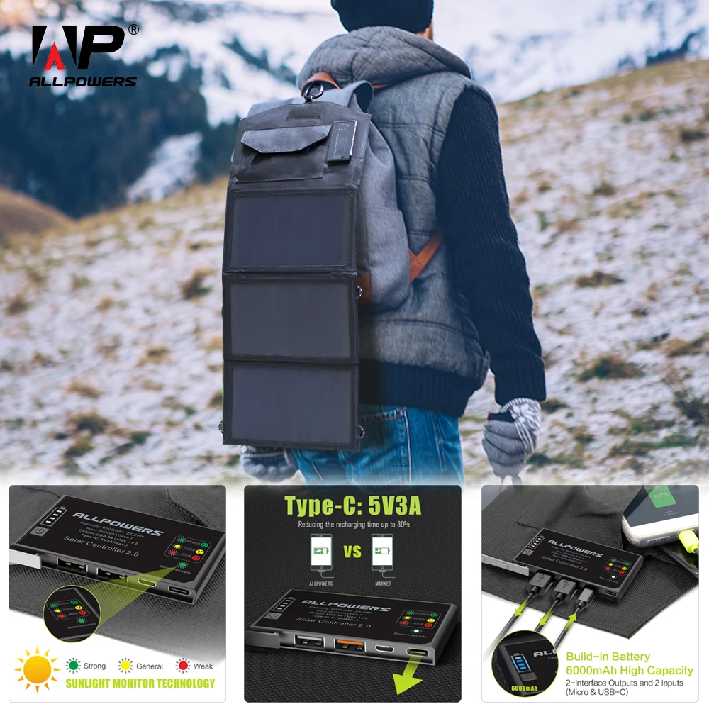 

ALLPOWERS Phone Charger 5V 15W Solar Battery Charger Dual USB and Type-C 5V 3A(Max.) Outdoors Solar Powered Charger.