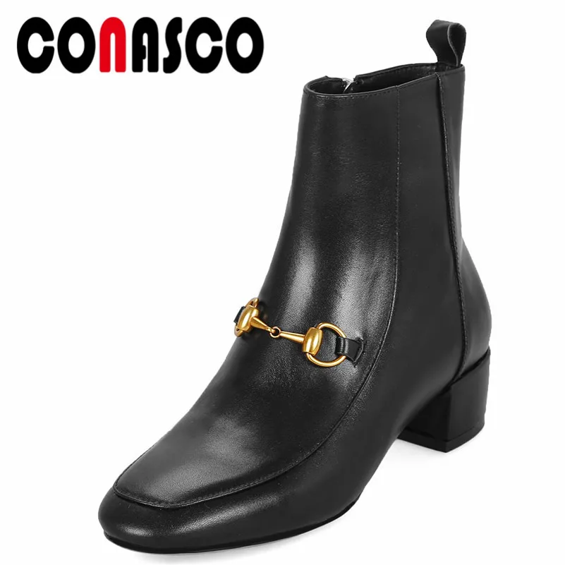 

CONASCO 1Brand Design Ankle Boots Autumn Winter Warm Genuine Leather High Heels Shoes Woman Square Toe Buckle Decoration Boots