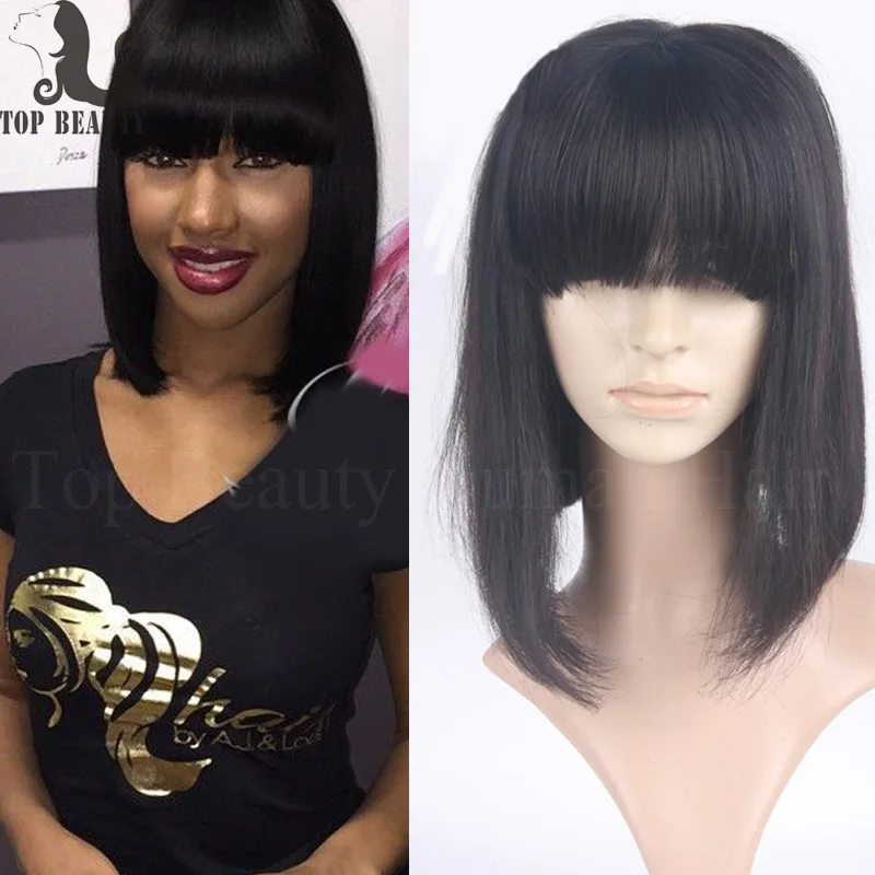 8A Remy Lace Front Wig Bob Style Glueless Full Lace Wig With Bangs Short Bob Cut Wigs For Black