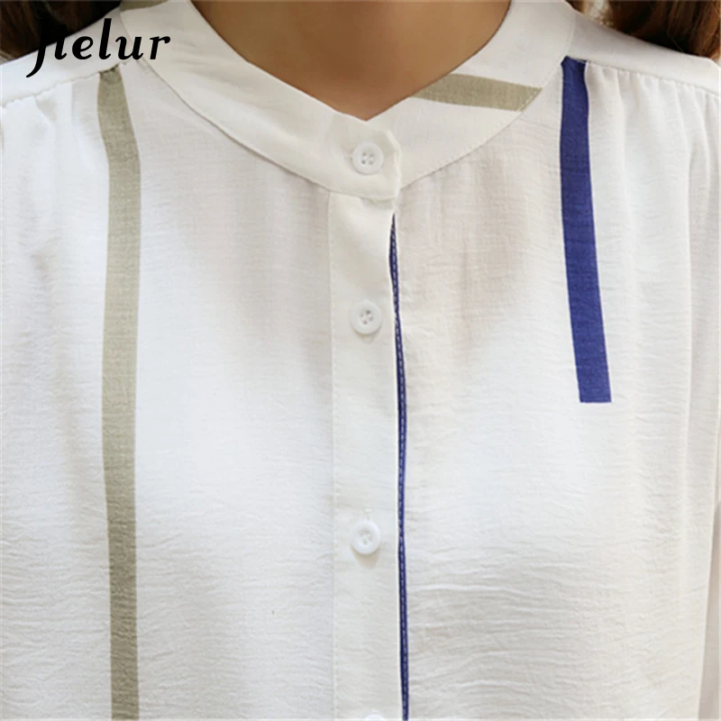 Jielur Long Sleeve Shirt Blue Striped Shirt Womens Tops Blouses 2019 New Autumn Blouse Femme Button S-XL White