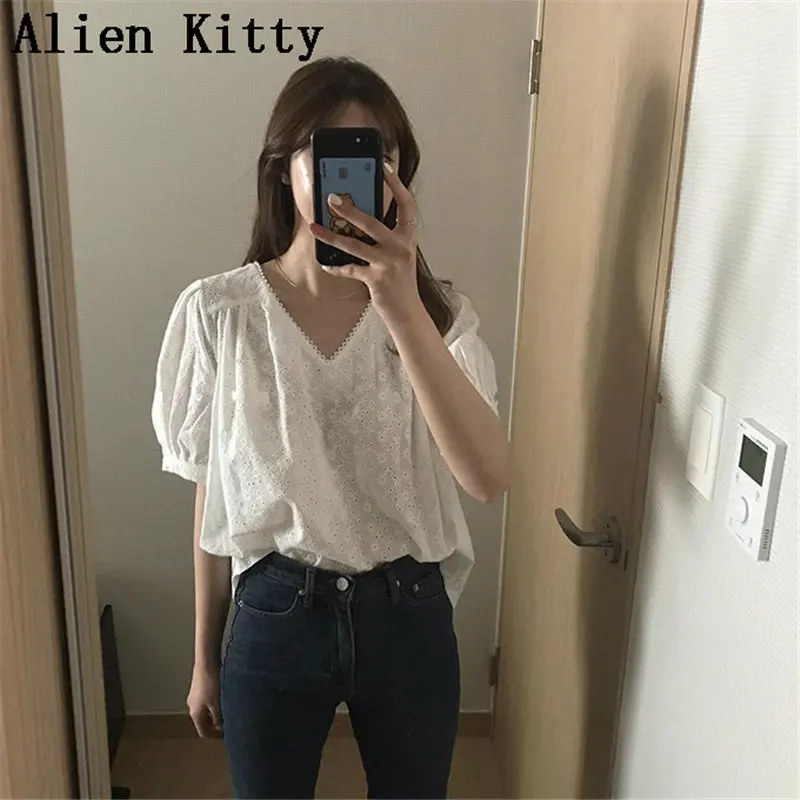 

Alien Kitty White Hollow Out Women Sweet Casual Elegant Solid Loose Simple Short Sleeves Fresh Shirt