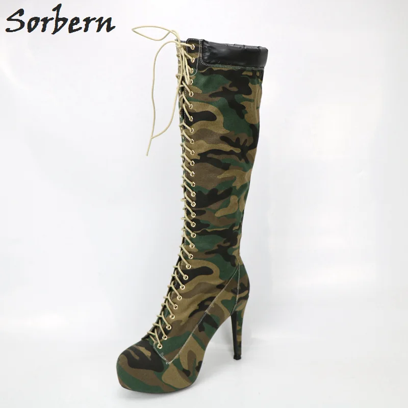 Mujeres Las Plataforma Piel Sorbern Tamaño Lona Verde Rodilla Camuflaje La Tacón Botas De Alto Becerro Altas Camouflage Para wvqwpzU