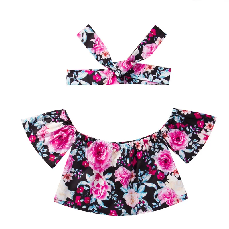 Emmababy 1 6Y Kids Baby Girls T shirt Floral Off Shoulder Tops+Bowknot