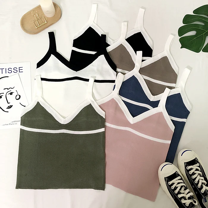 

Summer Women Fashion Slim Knitting Tank Crop Tops Female Bodycon Knitted Camisole Sleeveless Short Geometric T shirts G552