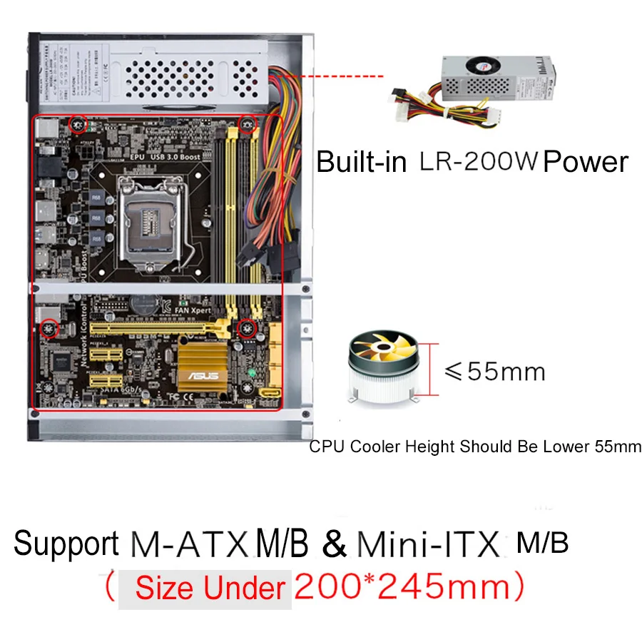 E.mini Mini ITX Micro ATX промышленный корпус поликарбонат 2007B с блоком питания 200 Вт и