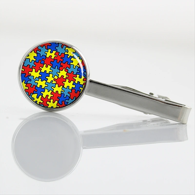 

Fashion Autism Heart tie pin jigsaw puzzle pieces Color mosaic Tie Clip Atheist atom symbol metatron's cube necktie bar T525