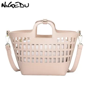 

NIGEDU Summer women hollow out Handbags PU Leather Shoulder Crossbody Bag for female Totes small Design Beach Bag 2pcs/Set pink