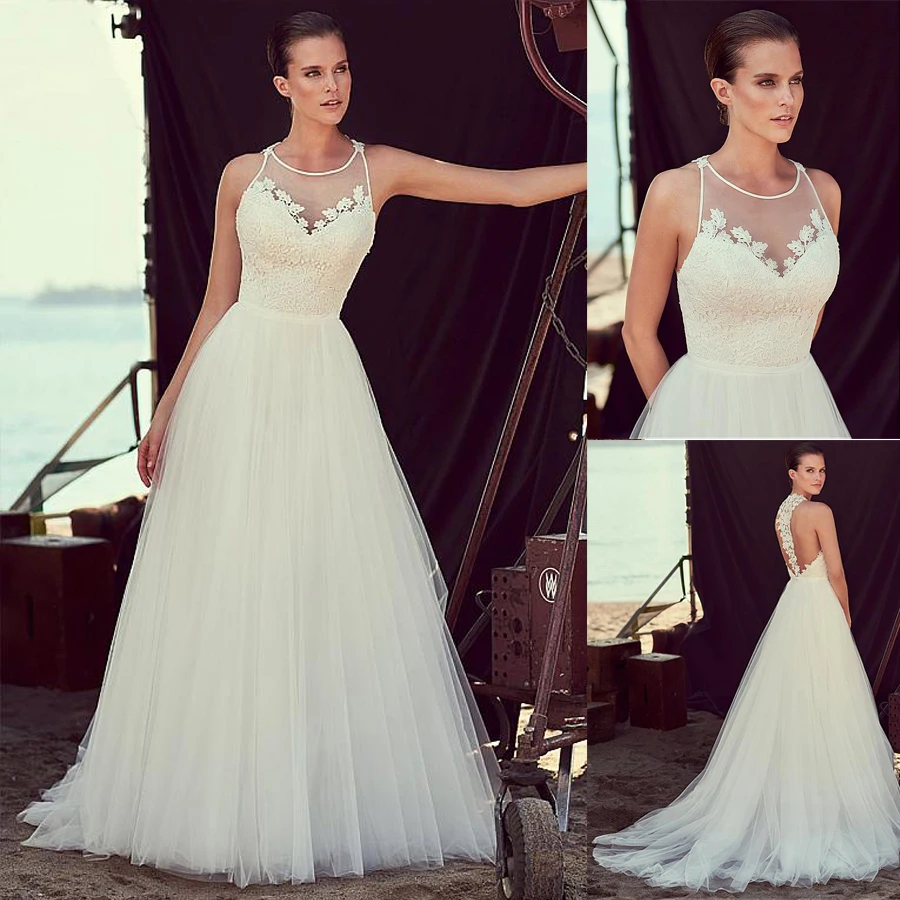 

Graceful Tulle & Lace Jewel Neckline Natural Waistline A-line Wedding Dress With Lace Appliques & Belt Backless Bridal Dress